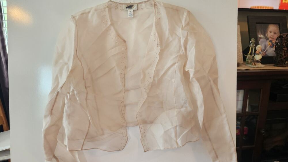 VTG Talbots Petites Sheer Beaded Evening Jacket Open Front Cream Beige 14 #253
